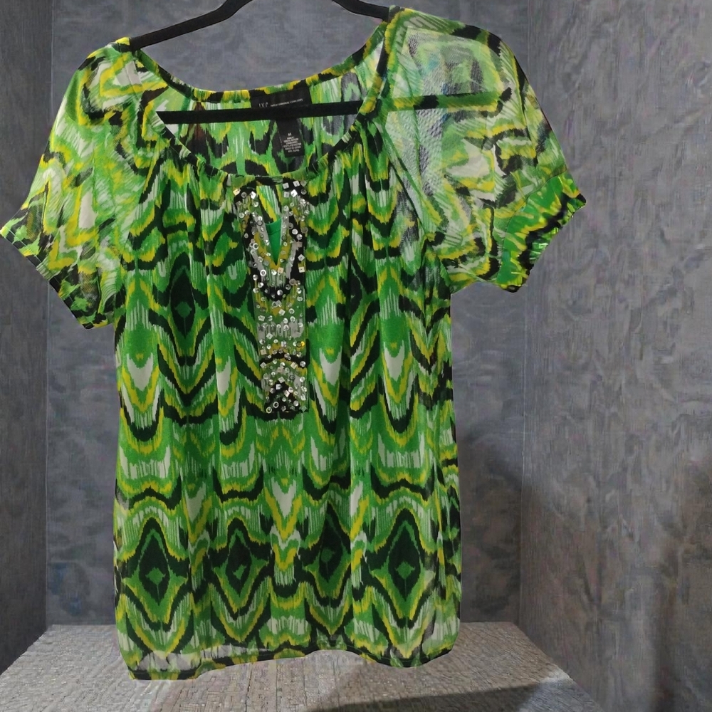 INC Green W Gem Stone Center Cap Sleeve Holiday Blouse SZ M